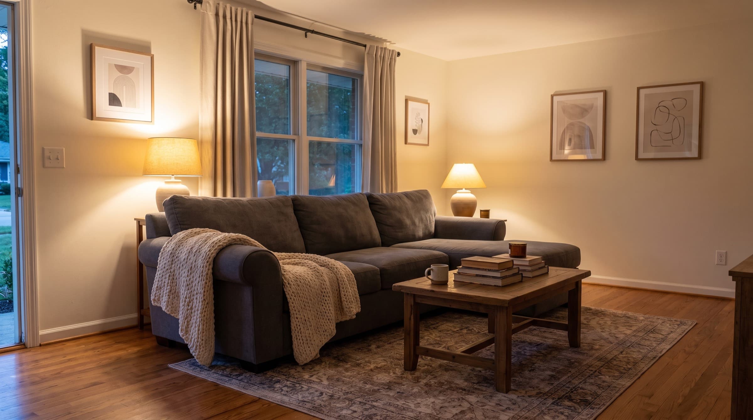 A warm, quiet family living room in the evening — lamps on, throw blanket over the sofa, everything back to normal