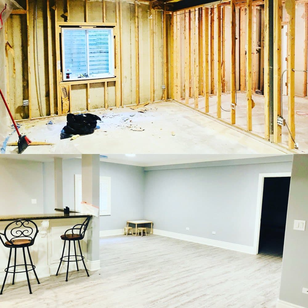 Basement mid-rebuild and the same space finished — framing on one side, painted walls and new flooring on the other