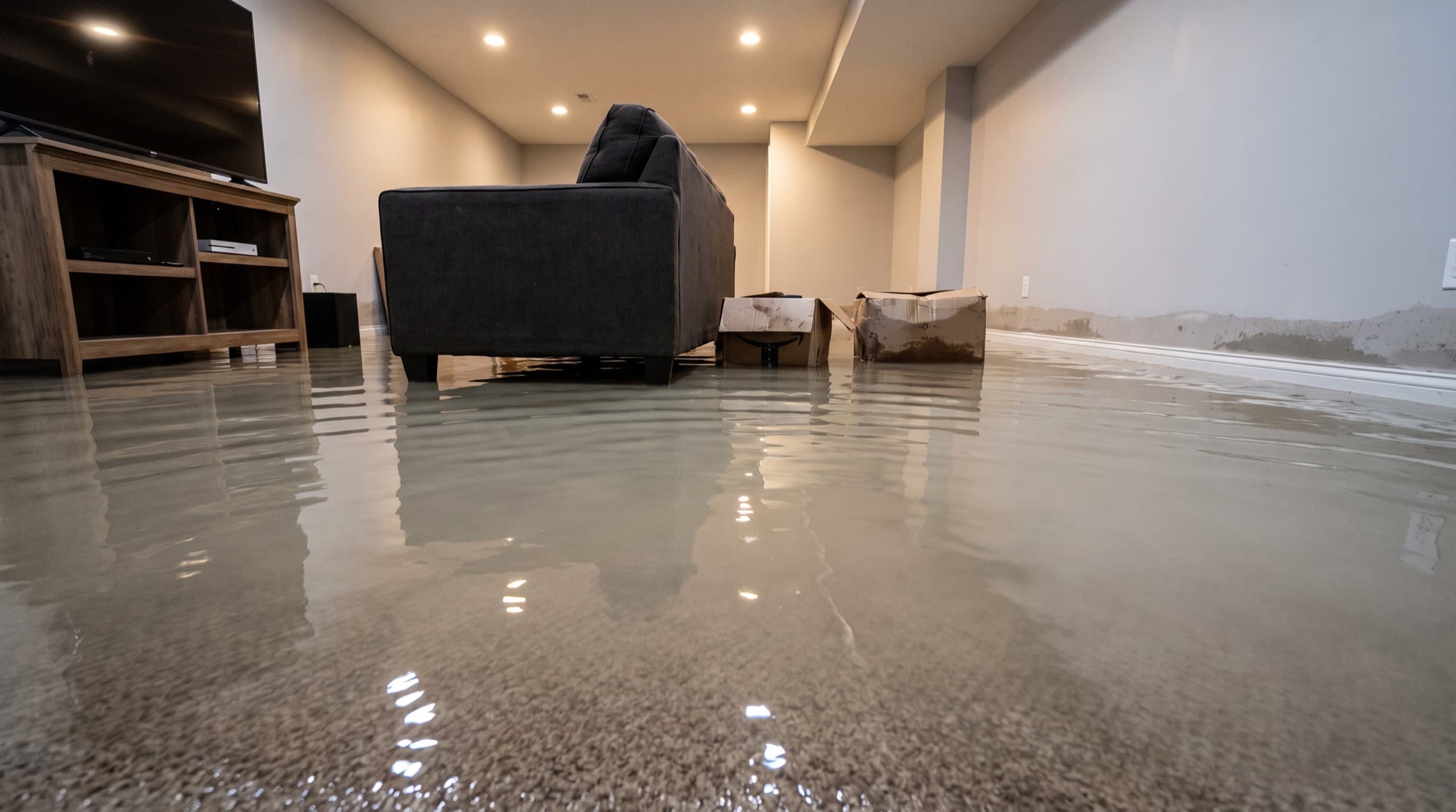 A finished basement deep in dark floodwater — sectional half submerged, cushions and books floating