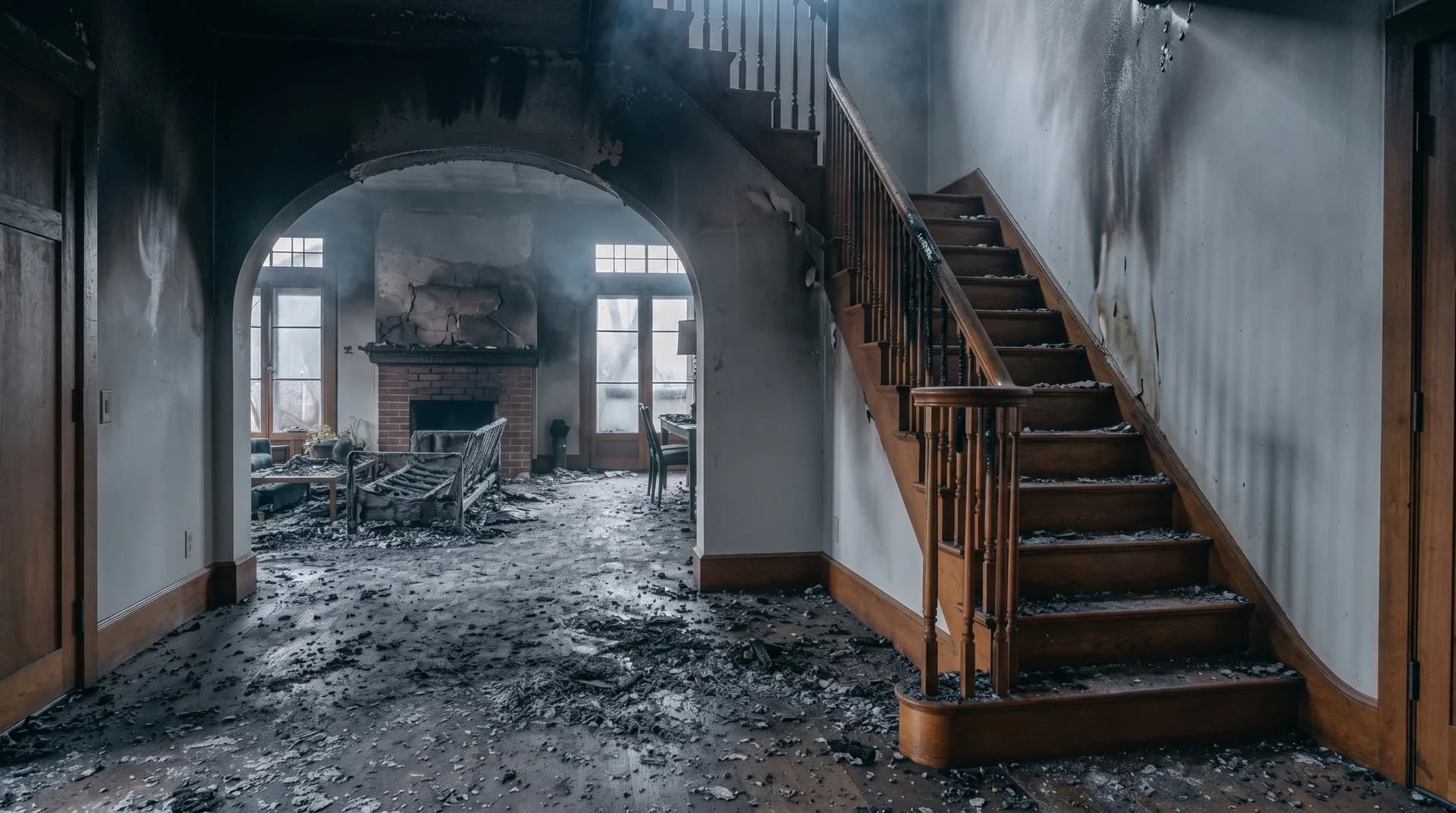 Fire-damaged entryway with soot-blackened walls, a charred wooden staircase, and burned furniture through the archway