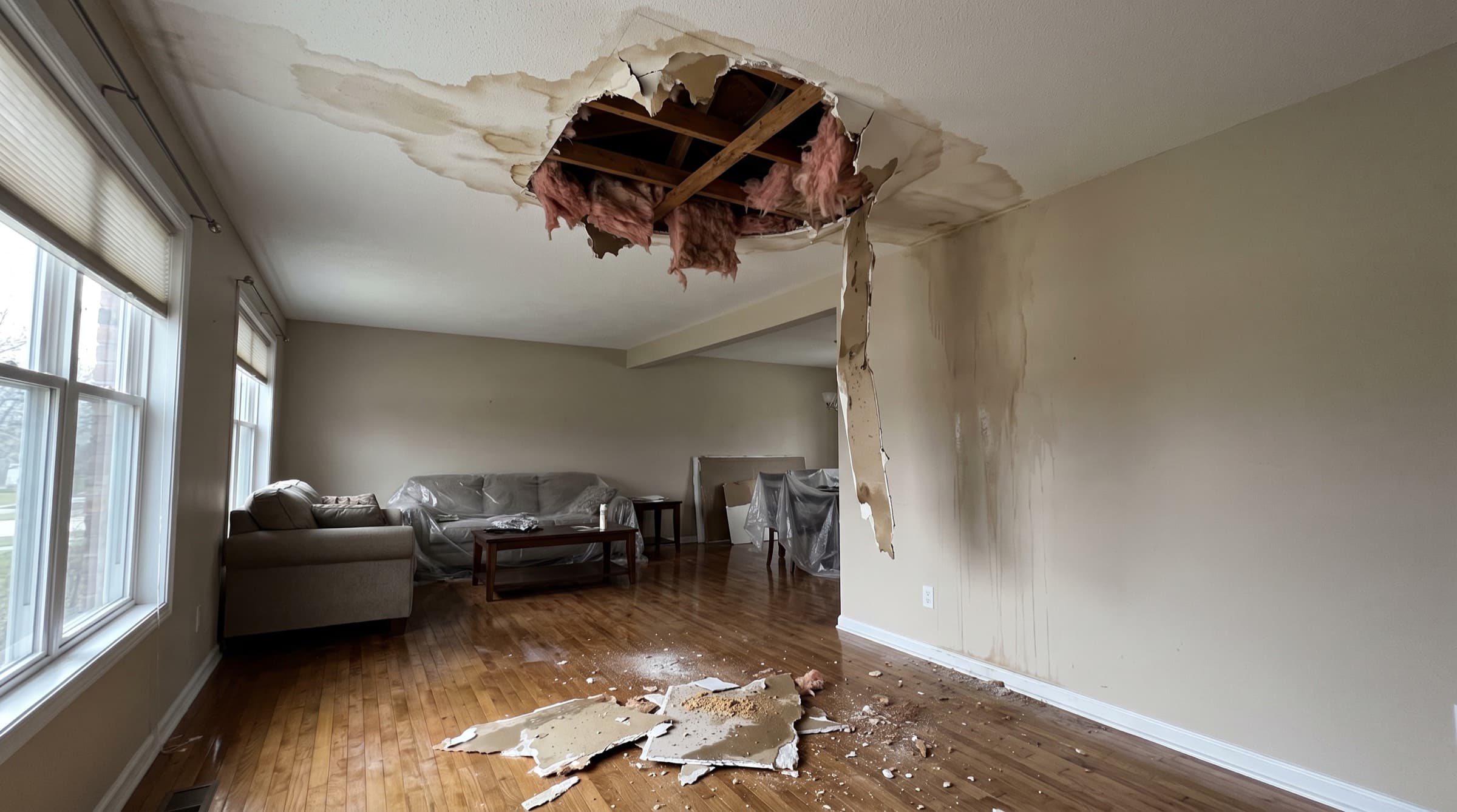 A living room ceiling split open with water pouring through onto the sofa and hardwood floor