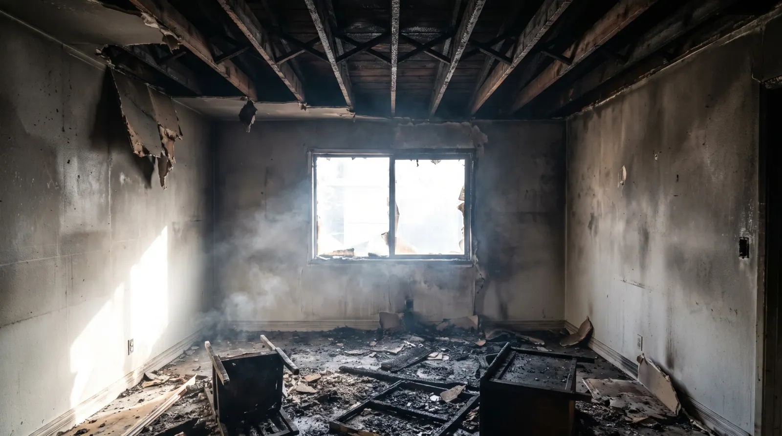 A burned-out room with charred ceiling joists and soot-blackened walls after a structure fire