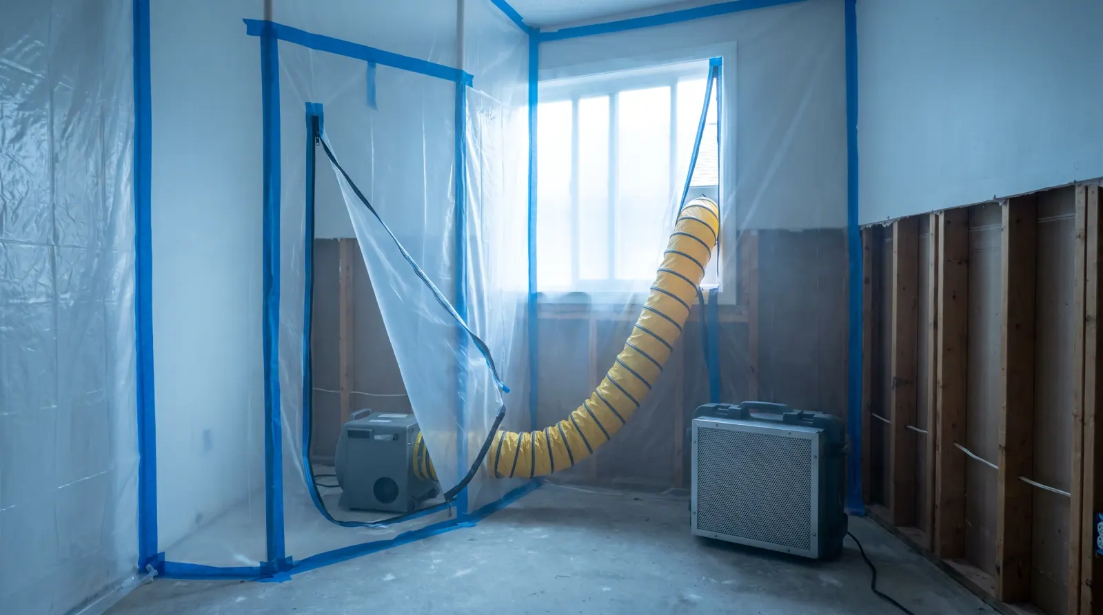 A room sealed in containment plastic with ducting during mold remediation