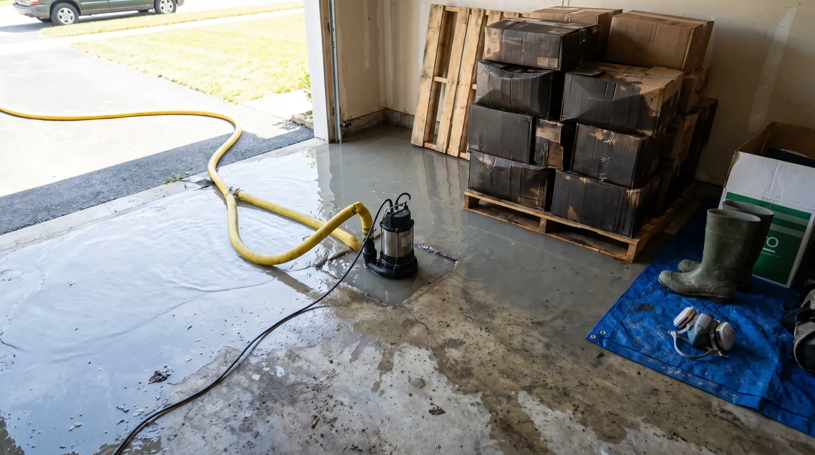 Extraction pump and hose running out of a garage during a sewage backup cleanup